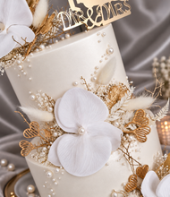 Load image into Gallery viewer, Everlasting flowers - white orchid triple cake toppers / white & gold incl Mr & Mrs sign