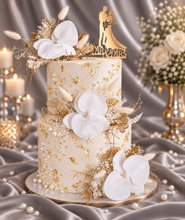Load image into Gallery viewer, Everlasting flowers - white orchid triple cake toppers / white & gold incl Mr & Mrs sign