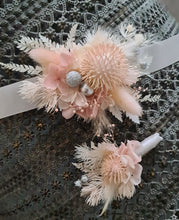 Load image into Gallery viewer, Preserved blush flowers corsage & buttonhole with silver - School formal / wedding