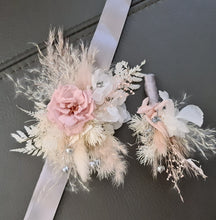 Load image into Gallery viewer, Preserved flowers corsage & buttonhole French rose blush & silver - School formal / wedding