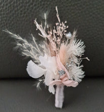 Load image into Gallery viewer, Preserved flowers corsage & buttonhole French rose blush & silver - School formal / wedding