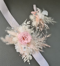 Load image into Gallery viewer, Preserved flowers corsage & buttonhole French rose blush & silver - School formal / wedding