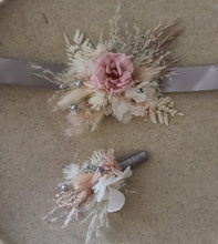 Load image into Gallery viewer, Preserved flowers corsage & buttonhole French rose blush & silver - School formal / wedding