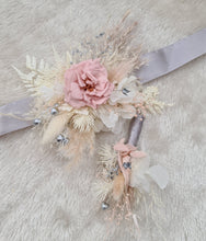 Load image into Gallery viewer, Preserved flowers corsage & buttonhole French rose blush & silver - School formal / wedding