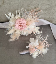 Load image into Gallery viewer, Preserved flowers corsage & buttonhole French rose blush & silver - School formal / wedding