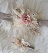 Load image into Gallery viewer, Preserved flowers corsage & buttonhole French rose blush & silver - School formal / wedding