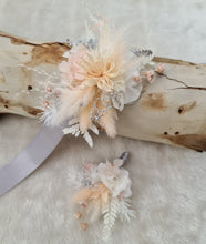 Load image into Gallery viewer, Blush & silver preserved flowers corsage & buttonhole - School formal / wedding
