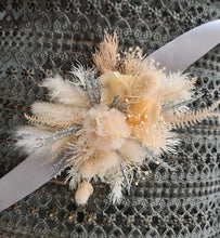 Load image into Gallery viewer, Blush peach & silver preserved corsage & buttonhole - School formal / wedding