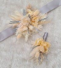 Load image into Gallery viewer, Blush peach & silver preserved corsage & buttonhole - School formal / wedding