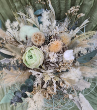 Load image into Gallery viewer, Unique sage green / green preserved everlasting flowers bridal bouquet & buttonhole – Elopement Set