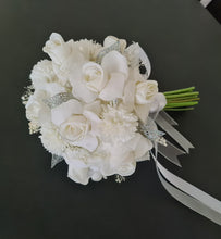 Load image into Gallery viewer, Milky white bridal bouquet & buttonhole w glitter & crystals - Elopement set