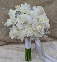 Load image into Gallery viewer, Milky white bridal bouquet & buttonhole w glitter & crystals - Elopement set