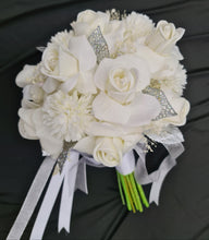 Load image into Gallery viewer, Milky white bridal bouquet & buttonhole w glitter & crystals - Elopement set