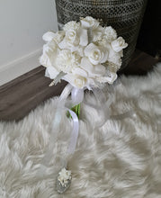 Load image into Gallery viewer, Milky white bridal bouquet & buttonhole w glitter & crystals - Elopement set