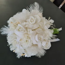 Load image into Gallery viewer, Milky white bridal bouquet & buttonhole with white feathers - Elopement set