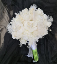 Load image into Gallery viewer, Milky white bridal bouquet & buttonhole with white feathers - Elopement set