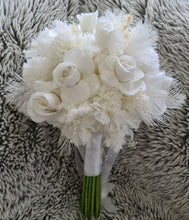 Load image into Gallery viewer, Milky white bridal bouquet & buttonhole with white feathers - Elopement set