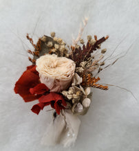 Load image into Gallery viewer, Rustic Groom's mini preserved peony buttonhole - orange & neutral - wedding