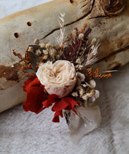 Load image into Gallery viewer, Rustic Groom's mini preserved peony buttonhole - orange & neutral - wedding