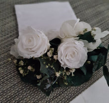 Load image into Gallery viewer, Everlasting Groom's pocket flowers w mini preserved roses - dark green & white