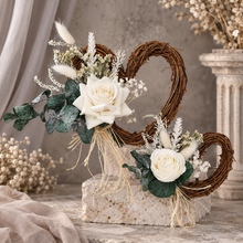 Load image into Gallery viewer, Everlasting flowers love heart cake topper 2 x incl Mr & Mrs topper – green & white