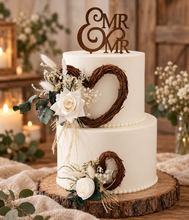 Load image into Gallery viewer, Everlasting flowers love heart cake topper 2 x incl Mr & Mrs topper – green & white