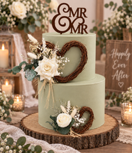 Load image into Gallery viewer, Everlasting flowers love heart cake topper 2 x incl Mr & Mrs topper – green & white