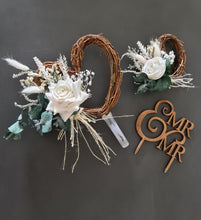 Load image into Gallery viewer, Everlasting flowers love heart cake topper 2 x incl Mr & Mrs topper – green & white