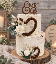 Load image into Gallery viewer, Everlasting flowers love heart cake topper 2 x incl Mr & Mrs topper – green & white