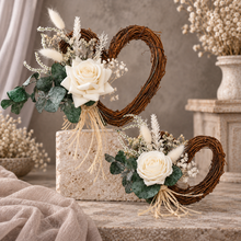 Load image into Gallery viewer, Everlasting flowers love heart cake topper 2 x incl Mr & Mrs topper – green & white