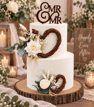 Load image into Gallery viewer, Everlasting flowers love heart cake topper 2 x incl Mr & Mrs topper – green & white