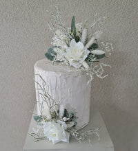 Load image into Gallery viewer, Frosty green & white / neutral double everlasting flowers cake topper