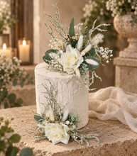 Load image into Gallery viewer, Frosty green & white / neutral double everlasting flowers cake topper