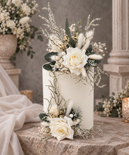 Load image into Gallery viewer, Frosty green & white / neutral double everlasting flowers cake topper