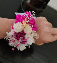 Load image into Gallery viewer, Fully preserved corsage in fuchsia, white & lemon colour