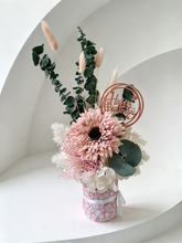 Load image into Gallery viewer, Creamy Blush pink, green & neutral flowers in pot w Happy Birthday tag