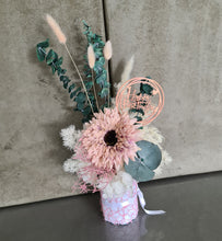 Load image into Gallery viewer, Blush pink, green & neutral flowers in pot w Happy Birthday tag