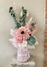 Load image into Gallery viewer, Creamy Blush pink, green & neutral flowers in pot w Happy Birthday tag