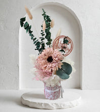 Load image into Gallery viewer, Creamy Blush pink, green & neutral flowers in pot w Happy Birthday tag