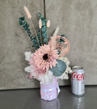 Load image into Gallery viewer, Blush pink, green & neutral flowers in pot w Happy Birthday tag