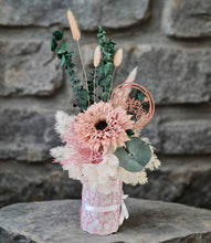 Load image into Gallery viewer, Creamy Blush pink, green & neutral flowers in pot w Happy Birthday tag