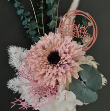 Load image into Gallery viewer, Blush pink, green & neutral flowers in pot w Happy Birthday tag