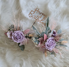 Load image into Gallery viewer, Pastel pink & violet glitter double everlasting flowers cake topper – Happy Birthday