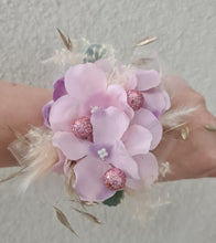 Load image into Gallery viewer, Everlasting flowers corsage in pastel pink & purple w glitter - School formal / wedding
