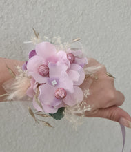 Load image into Gallery viewer, Everlasting flowers corsage in pastel pink & purple w glitter - School formal / wedding