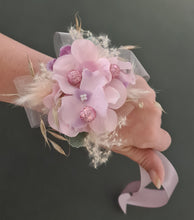 Load image into Gallery viewer, Everlasting flowers corsage in pastel pink & purple w glitter - School formal / wedding