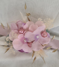Load image into Gallery viewer, Everlasting flowers corsage in pastel pink & purple w glitter - School formal / wedding