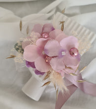 Load image into Gallery viewer, Everlasting flowers corsage in pastel pink & purple w glitter - School formal / wedding