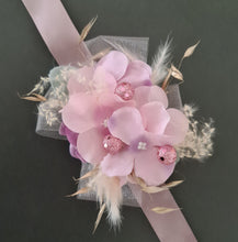 Load image into Gallery viewer, Everlasting flowers corsage in pastel pink & purple w glitter - School formal / wedding