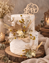Load image into Gallery viewer, Double floral cake topper, yellow, sage & champagne gold